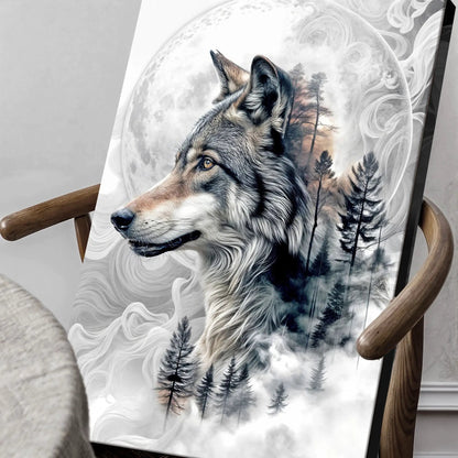 Wolf Double Exposure Wall Art canvas with a wolf portrait blended with trees and moon on Tampa Home & Garden Store