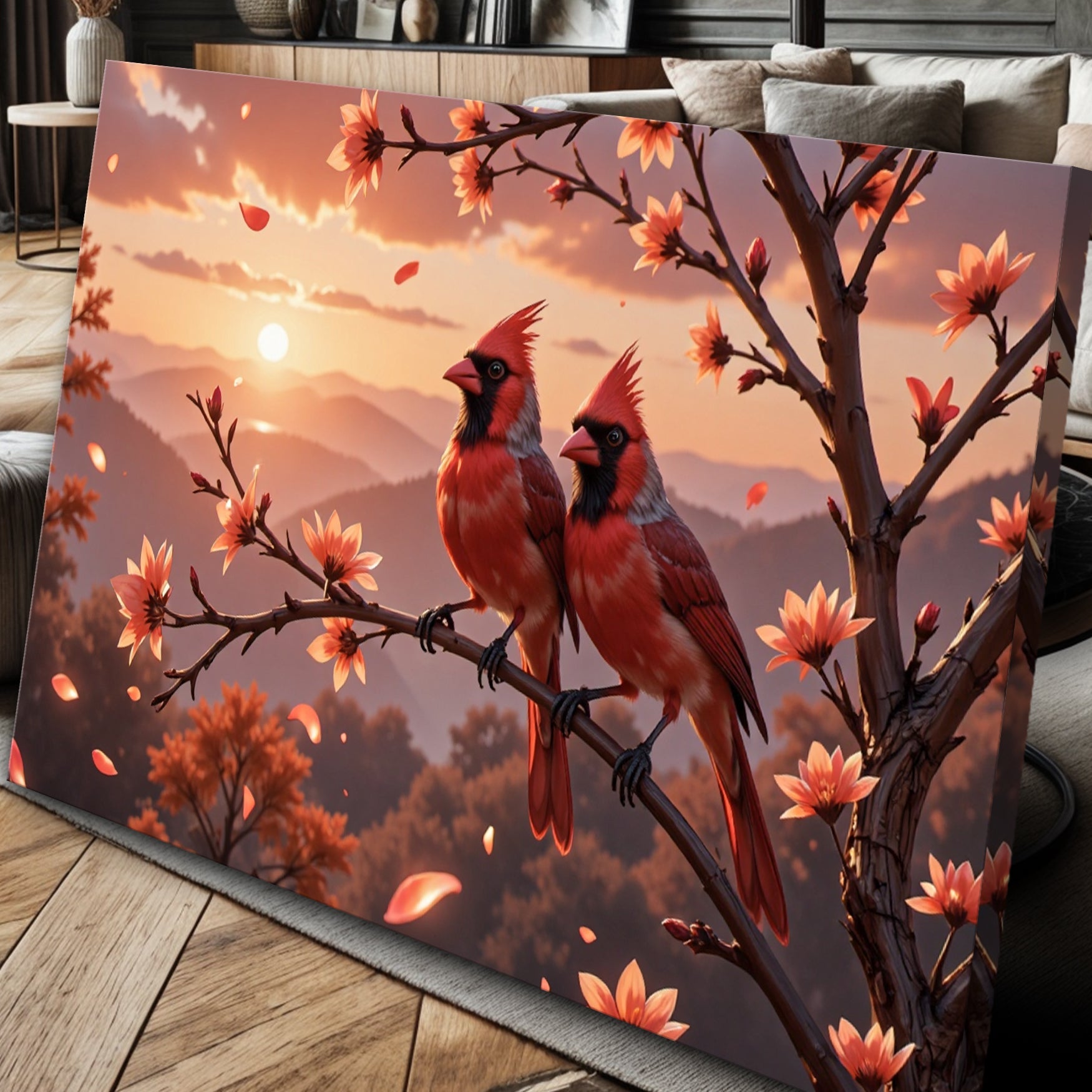3D Cardinals Wall Art canvas by Tailored Canvases featuring two red cardinals on blossoms at sunset on Tampa Home & Garden Store