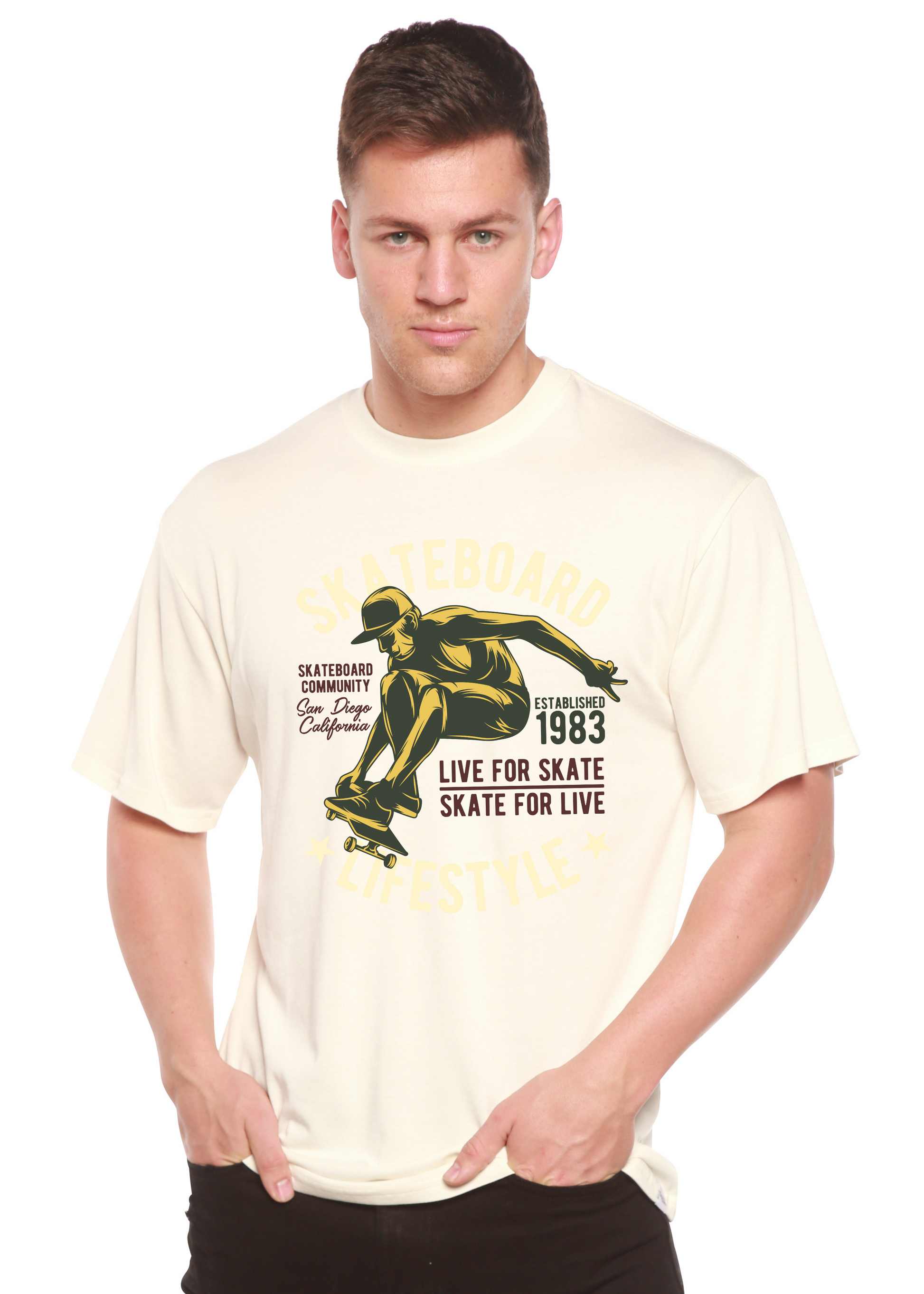 Mens beige skateboard lifestyle tee in bamboo viscose cotton blend with graphic Spun Bamboo on Tampa Home & Garden Store