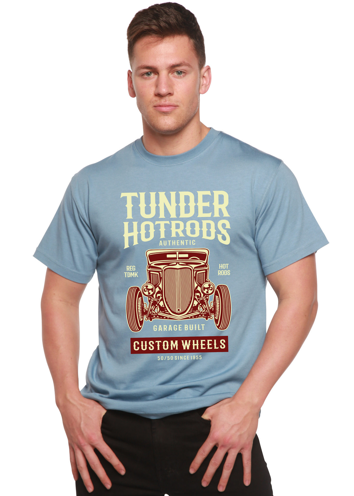 Thunder Hot Spun Bamboo men's graphic tee in light blue with vintage car print on Tampa Home & Garden Store