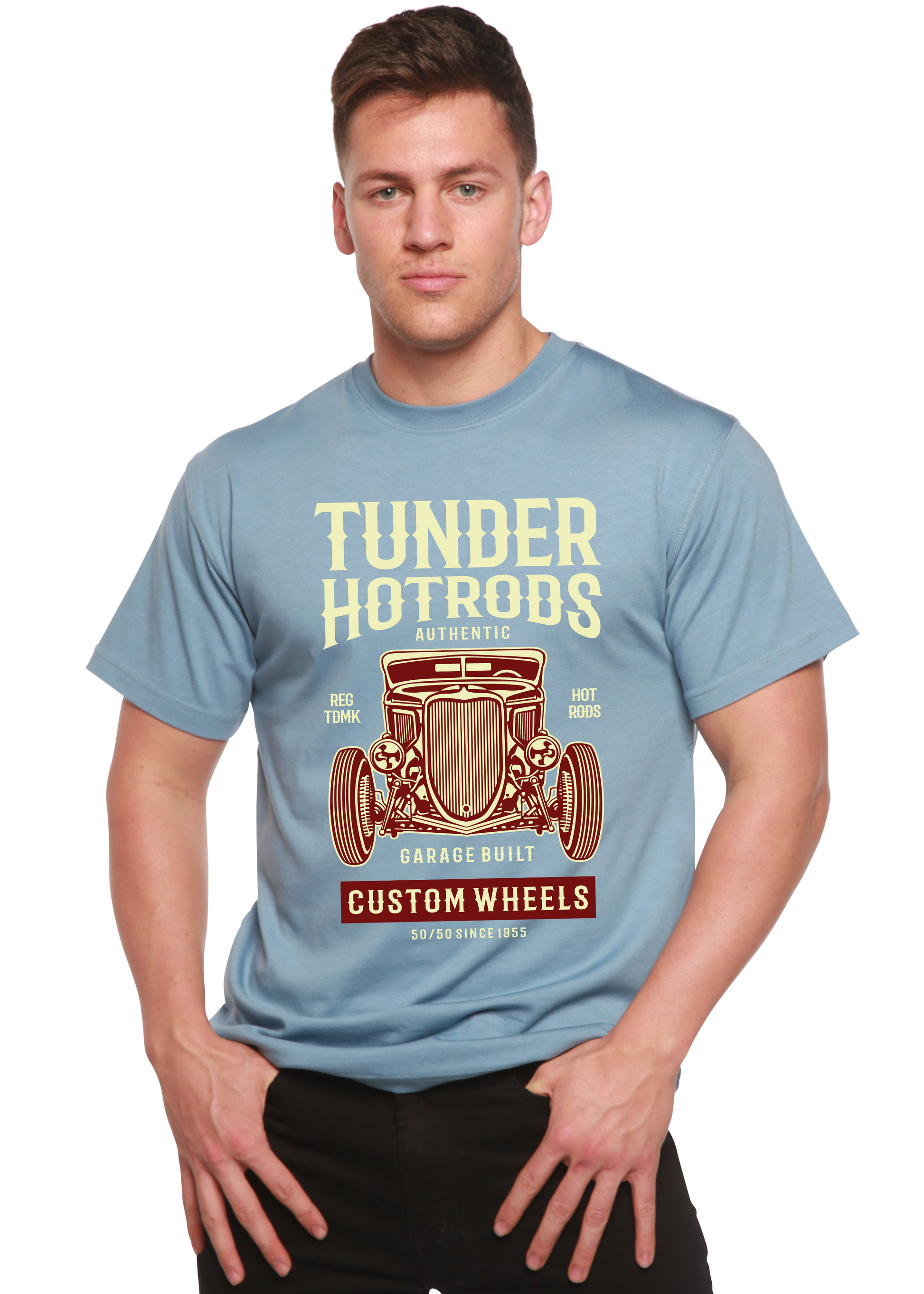 Thunder Hot Spun Bamboo men's graphic tee in light blue with vintage car print on Tampa Home & Garden Store