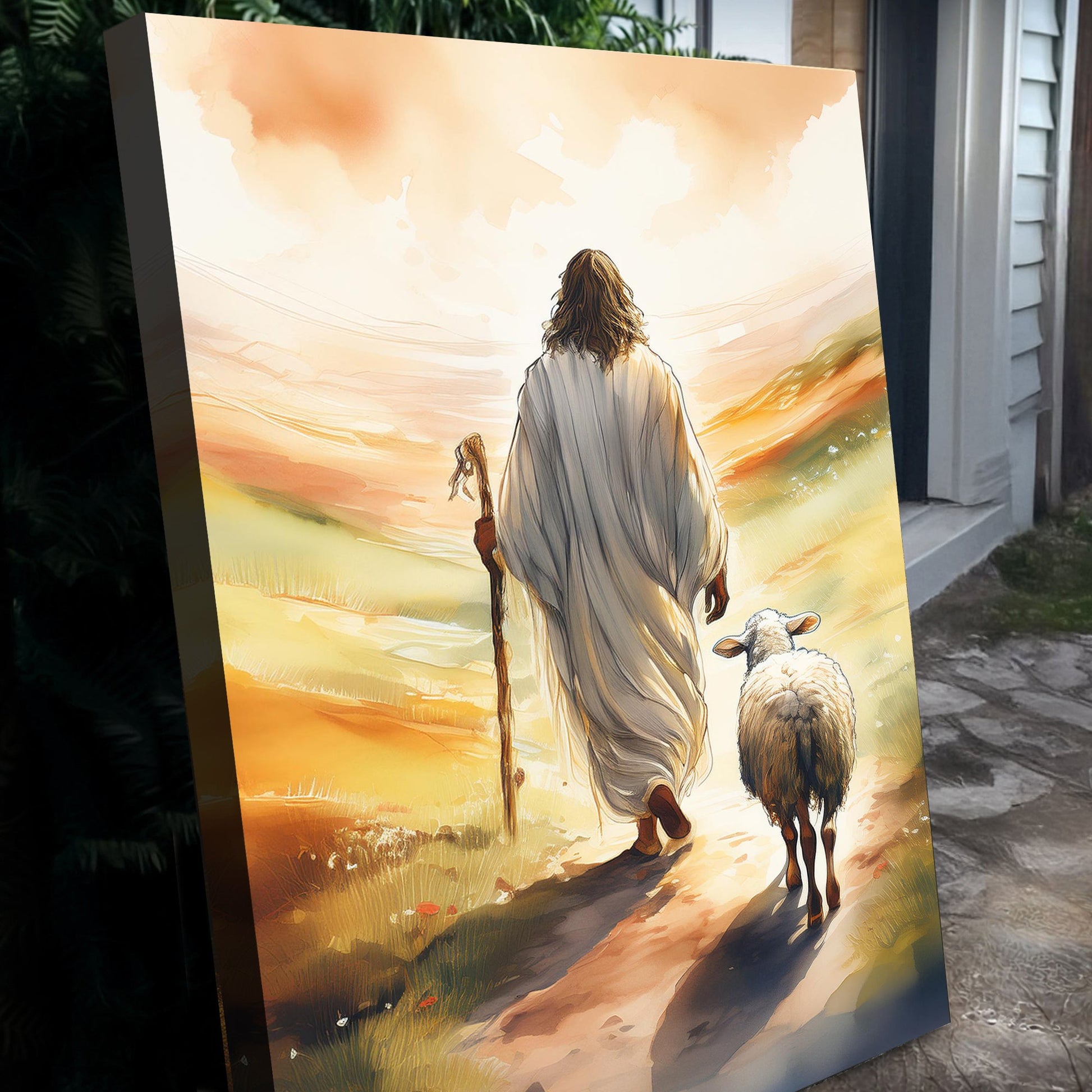 Parable Of The Lost Sheep Faith Wall Art crafting canvas shows robe-clad figure with sheep at sunset on Tampa Home & Garden Store
