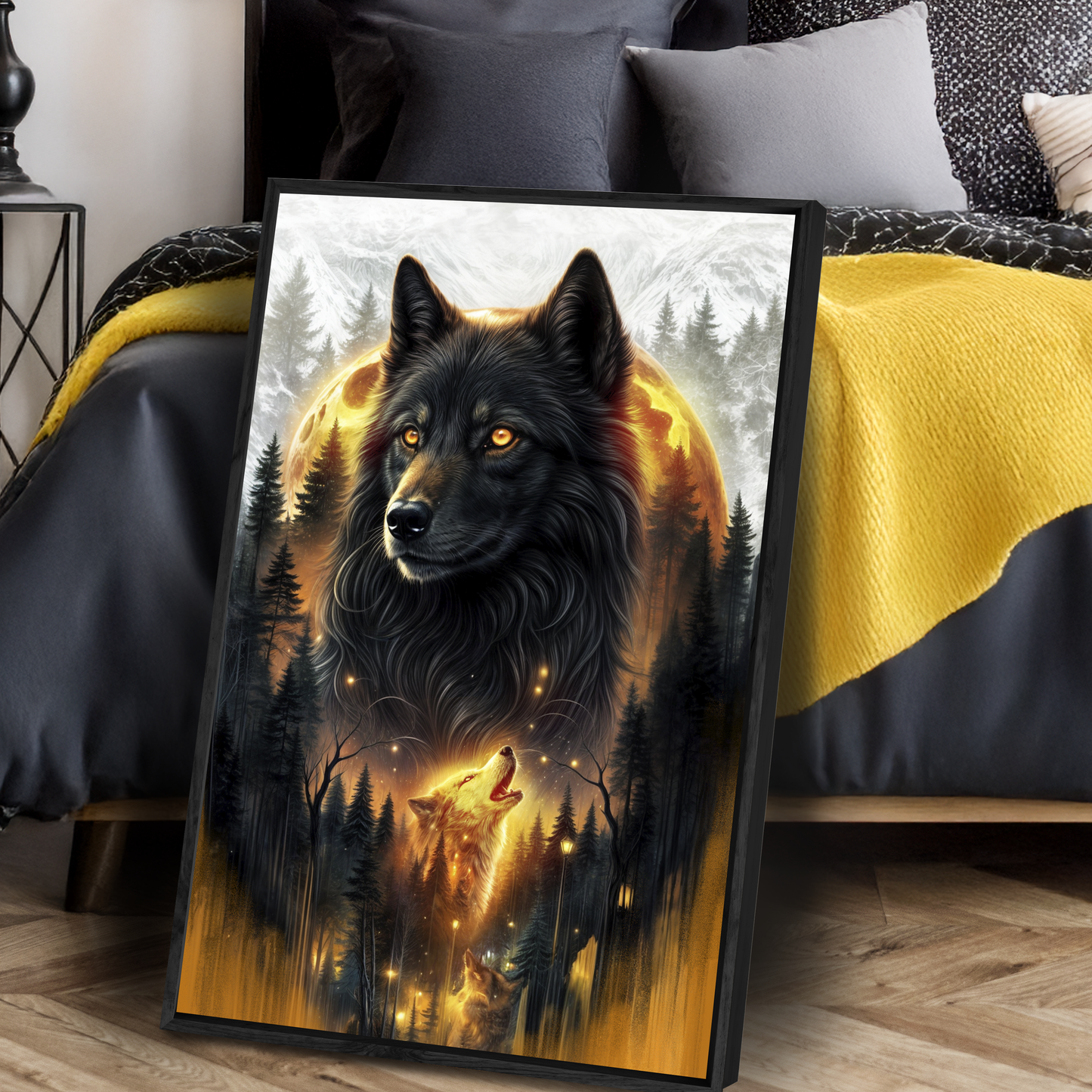 Eclipse of the Alpha Wolf Wall Art canvas framed in black by Tailored Canvases on Tampa Home & Garden Store