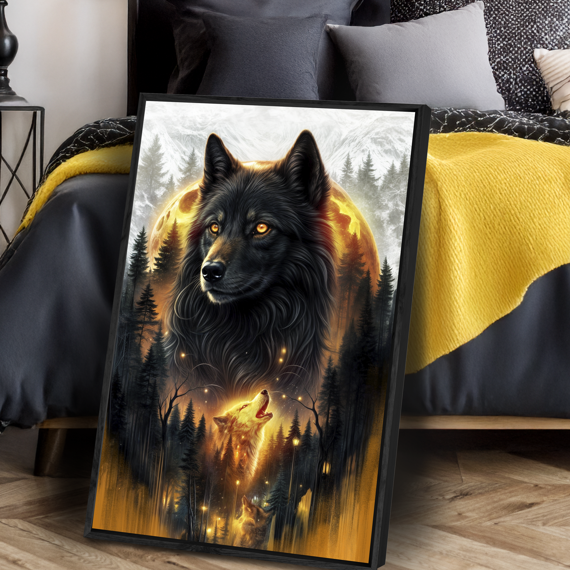 Eclipse of the Alpha Wolf Wall Art canvas framed in black by Tailored Canvases on Tampa Home & Garden Store