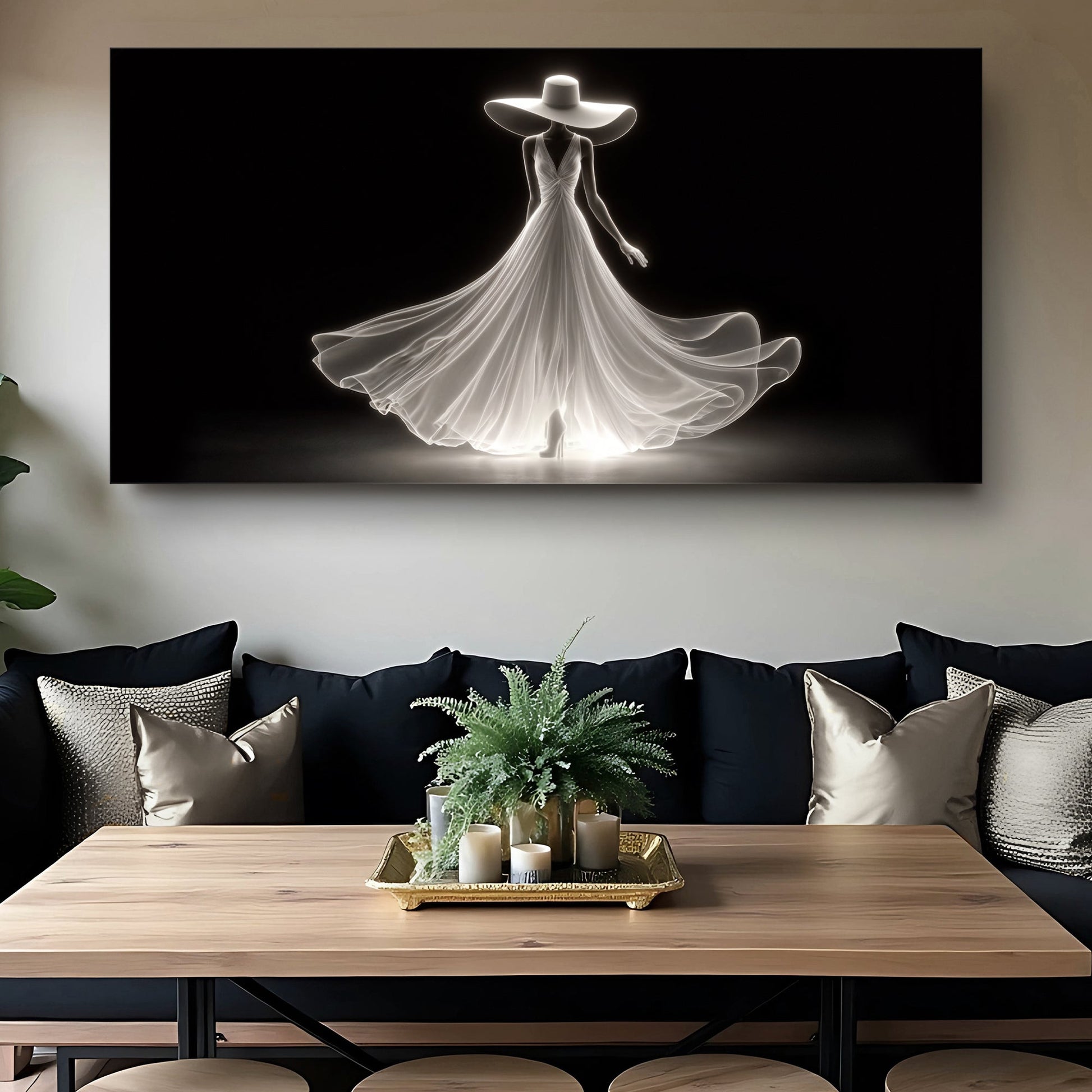 Canvas Modern Glam Fashion Wall Art silhouette of a woman in a gown with a wide brim hat on black on Tampa Home & Garden Store