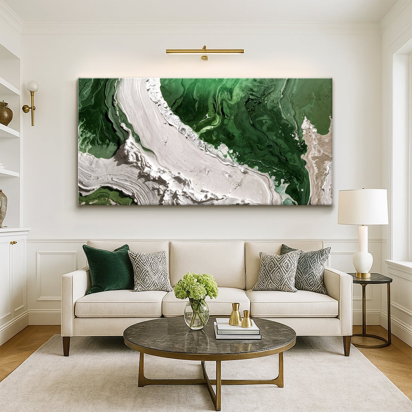 Green Rivers Abstract Wall Art IV canvas with flowing green, white, and beige swirls on Tampa Home & Garden Store