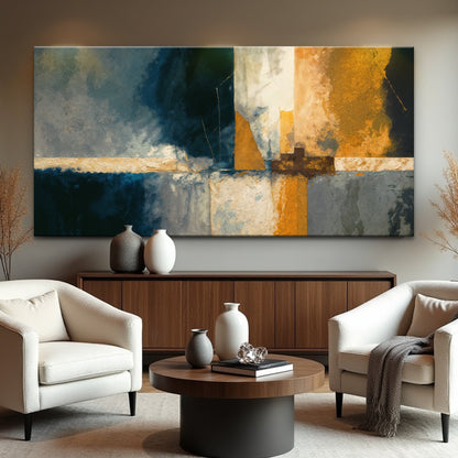 Abstract Geometric Lines Canvas wall art by Tailored Canvases in blue, cream, and gold panels on Tampa Home & Garden Store
