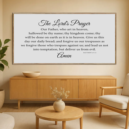 The Lord's Prayer Faith Sign canvas by Tailored Canvases, framed with light wood border on Tampa Home & Garden Store