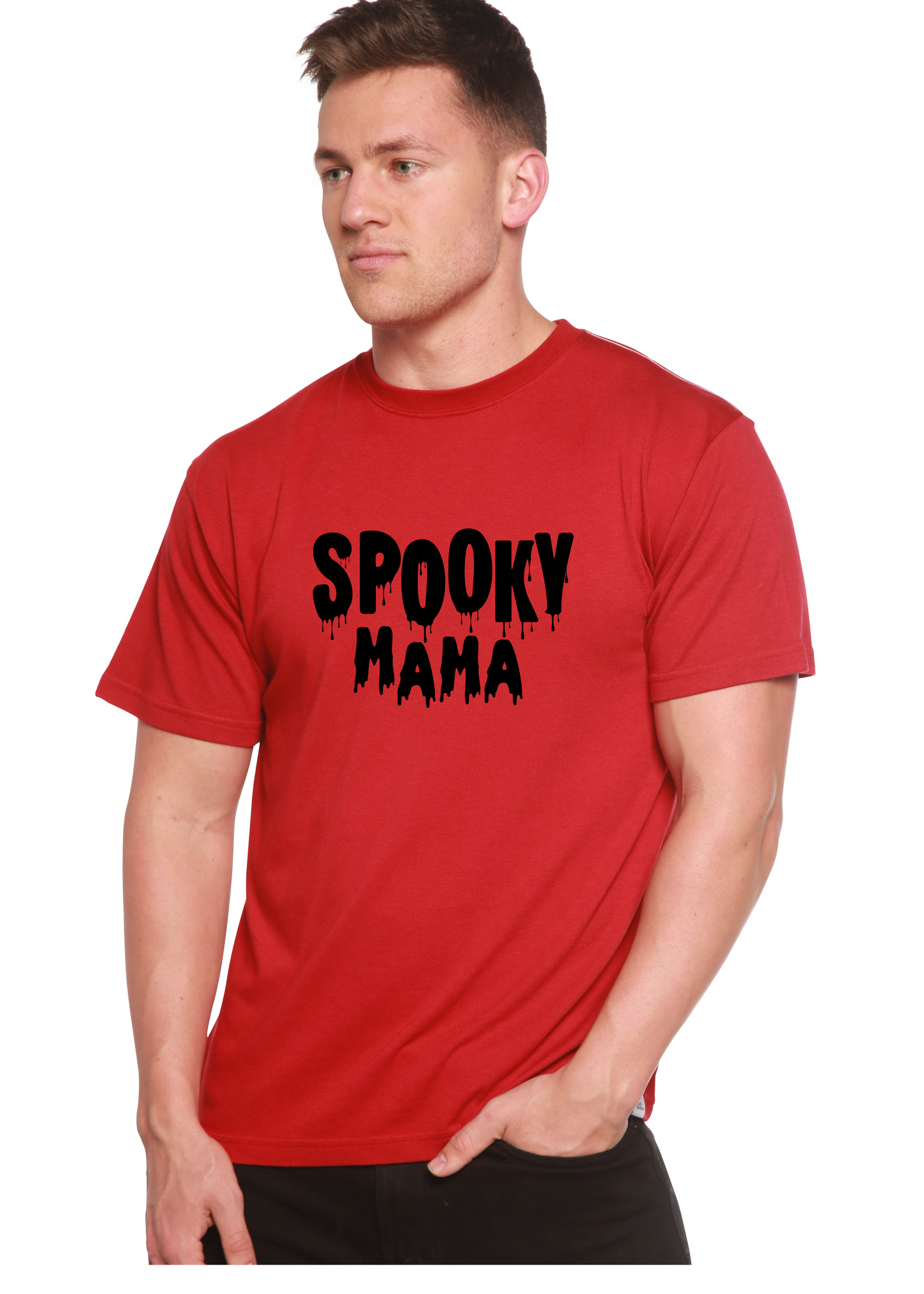 Spooky Mama men's red short sleeve graphic T-shirt with dripping text bamboo viscose blend on Tampa Home & Garden Store