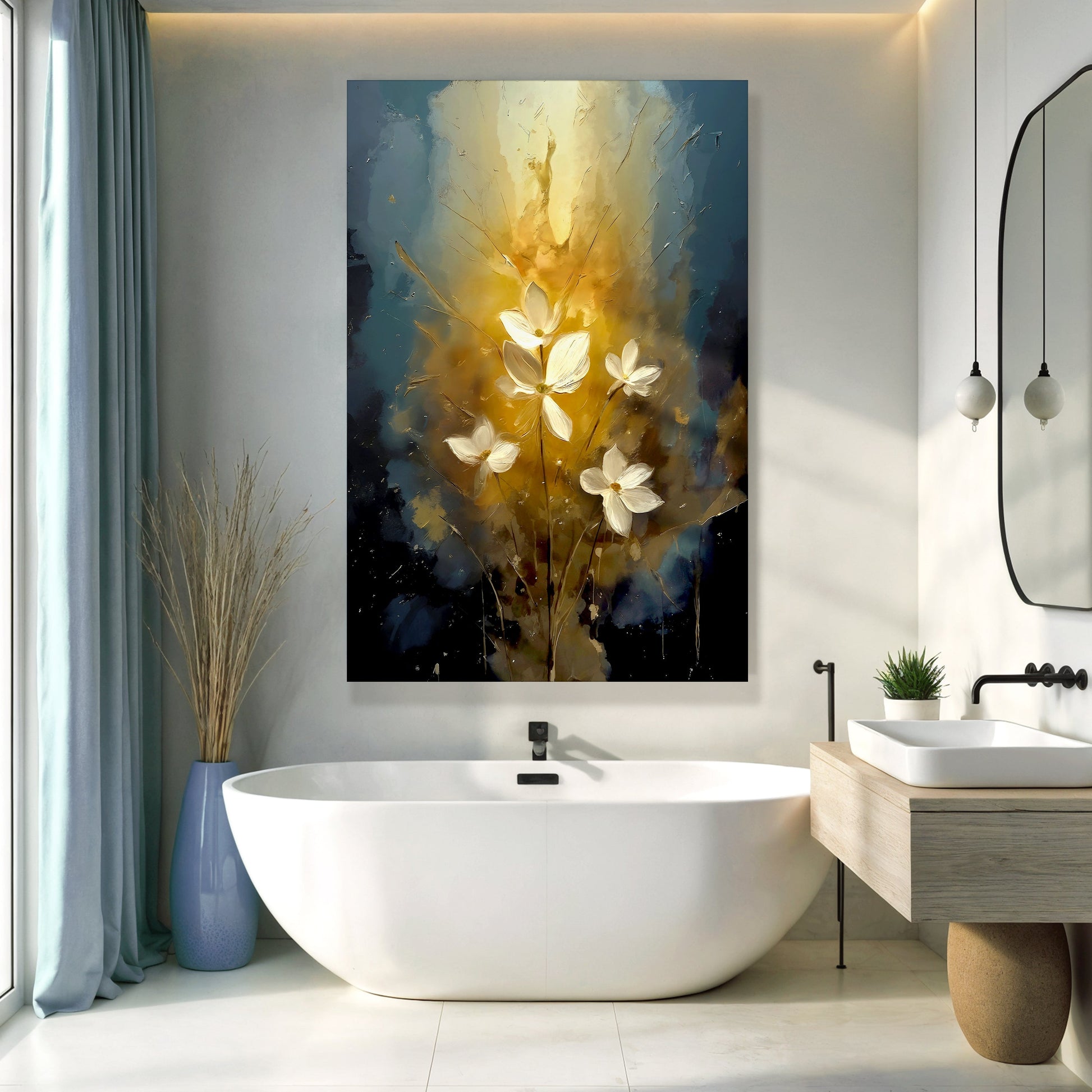 Golden Glow Elegant Flower Wall Art canvas by Tailored Canvases in warm golds and blues on Tampa Home & Garden Store