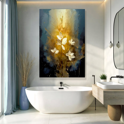 Golden Glow Elegant Flower Wall Art canvas by Tailored Canvases in warm golds and blues on Tampa Home & Garden Store
