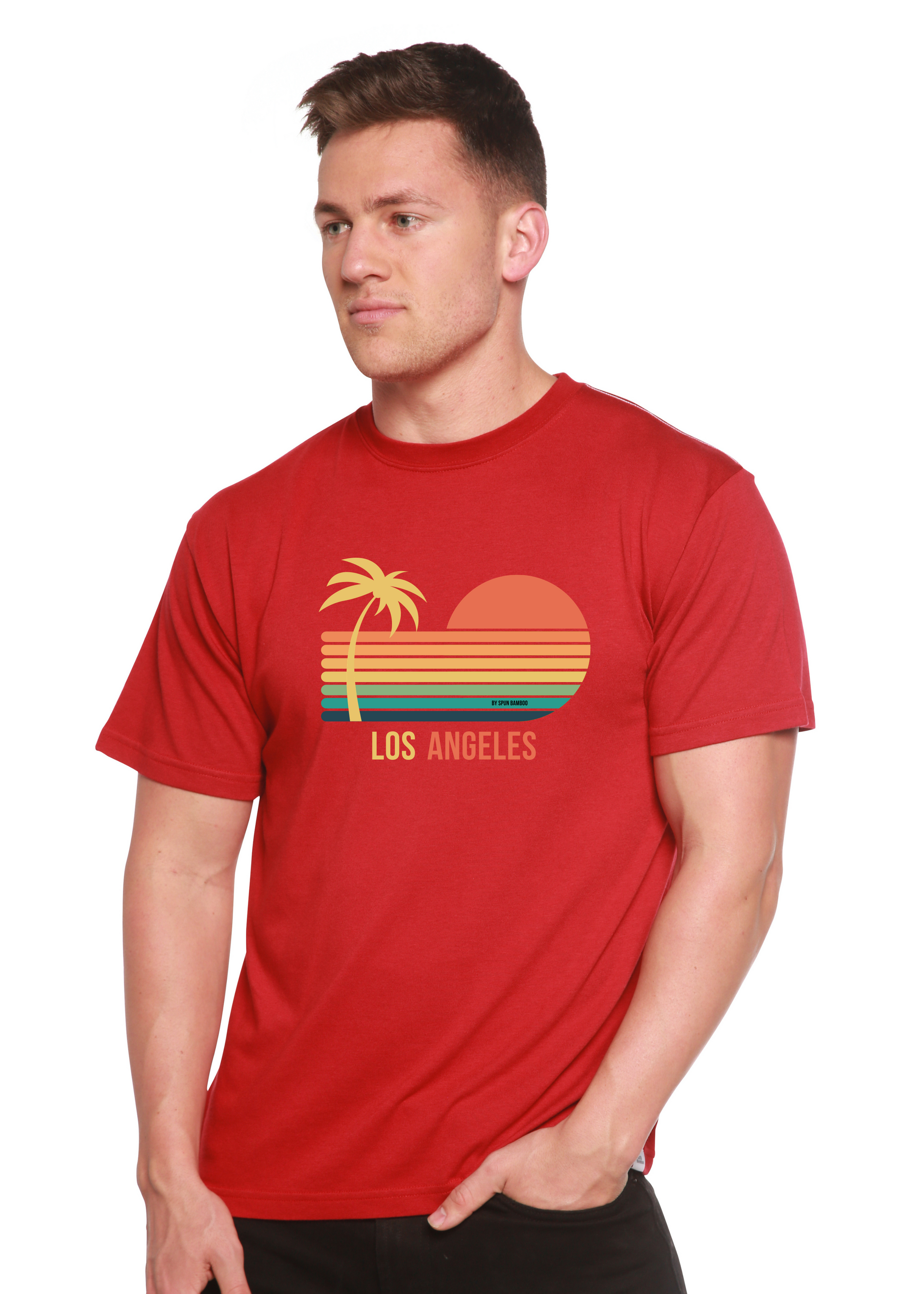 Los Angeles unisex bamboo viscose/organic cotton T-shirt with sunset palm graphic by Spun Bamboo on Tampa Home & Garden Store