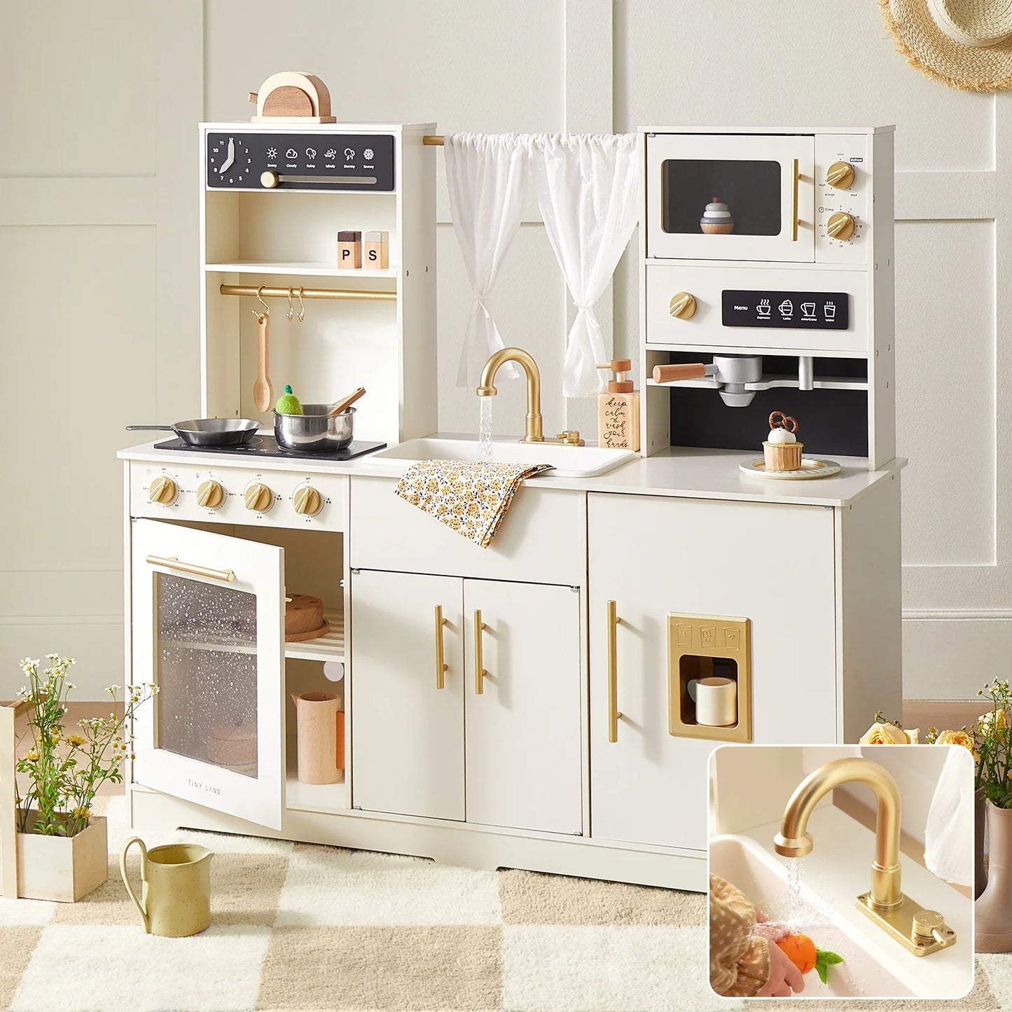 Tiny Land play kitchen with running water in cream aqua and gold hardware by Tiny Land INC on Tampa Home & Garden Store
