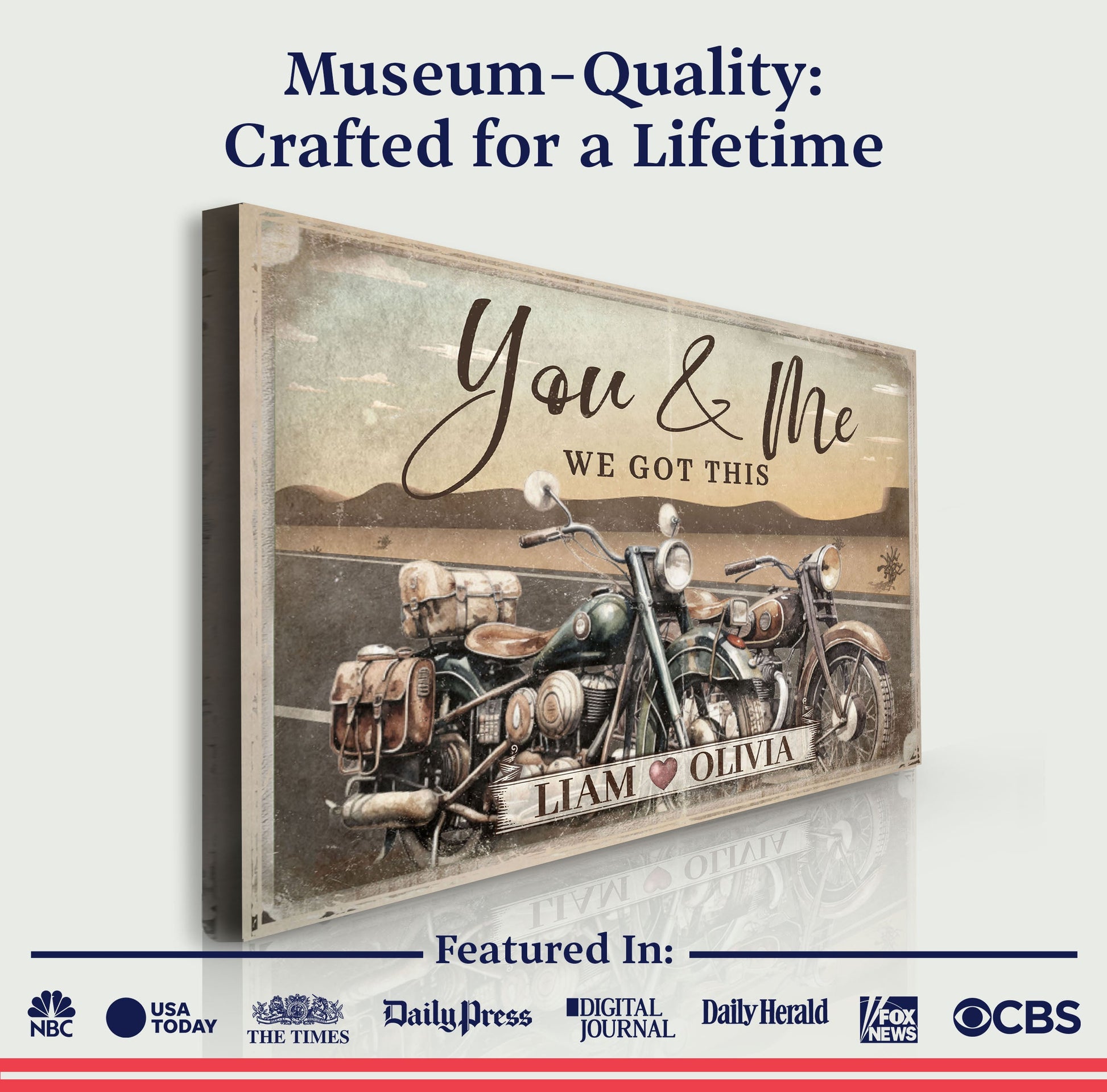 Motorcycle-themed canvas sign with vintage bikes, You & Me and We Got This, Liam & Olivia on Tampa Home & Garden Store