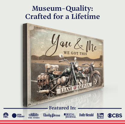 Motorcycle-themed canvas sign with vintage bikes, You & Me and We Got This, Liam & Olivia on Tampa Home & Garden Store