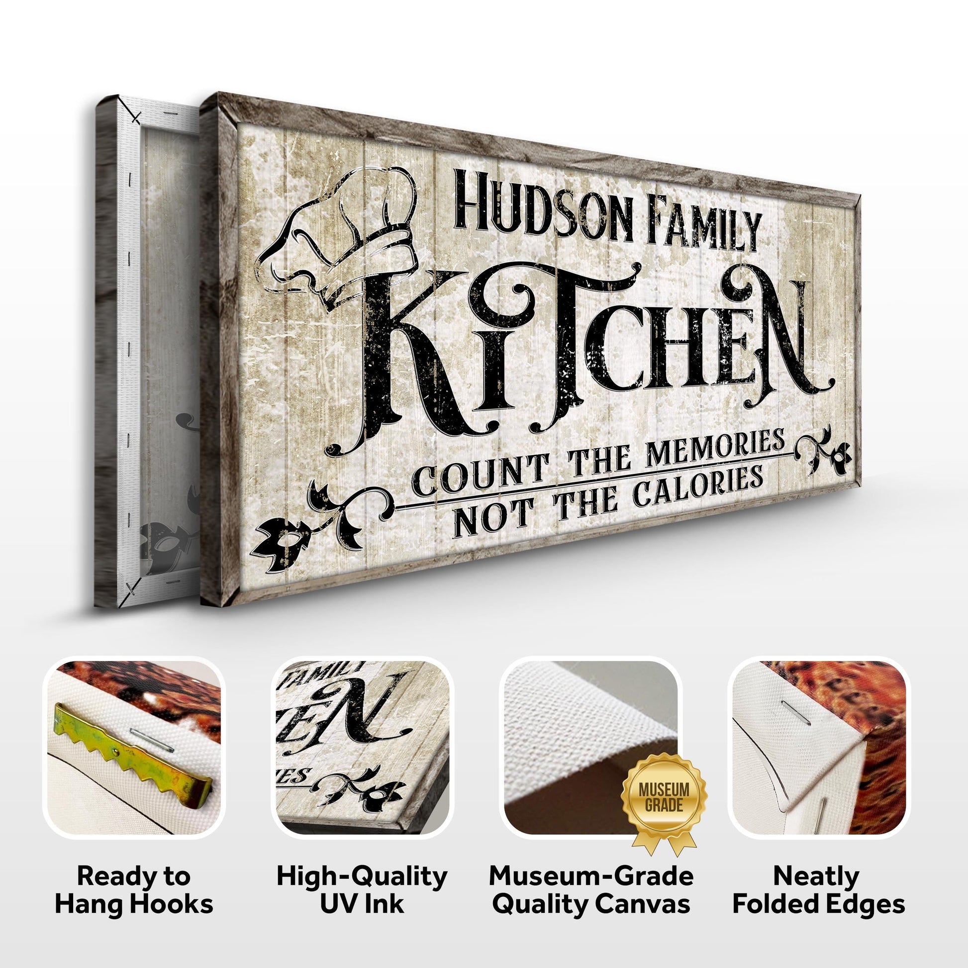 Kitchen Sign X canvas on rustic wood panel with ornate black lettering Tailored Canvases on Tampa Home & Garden Store
