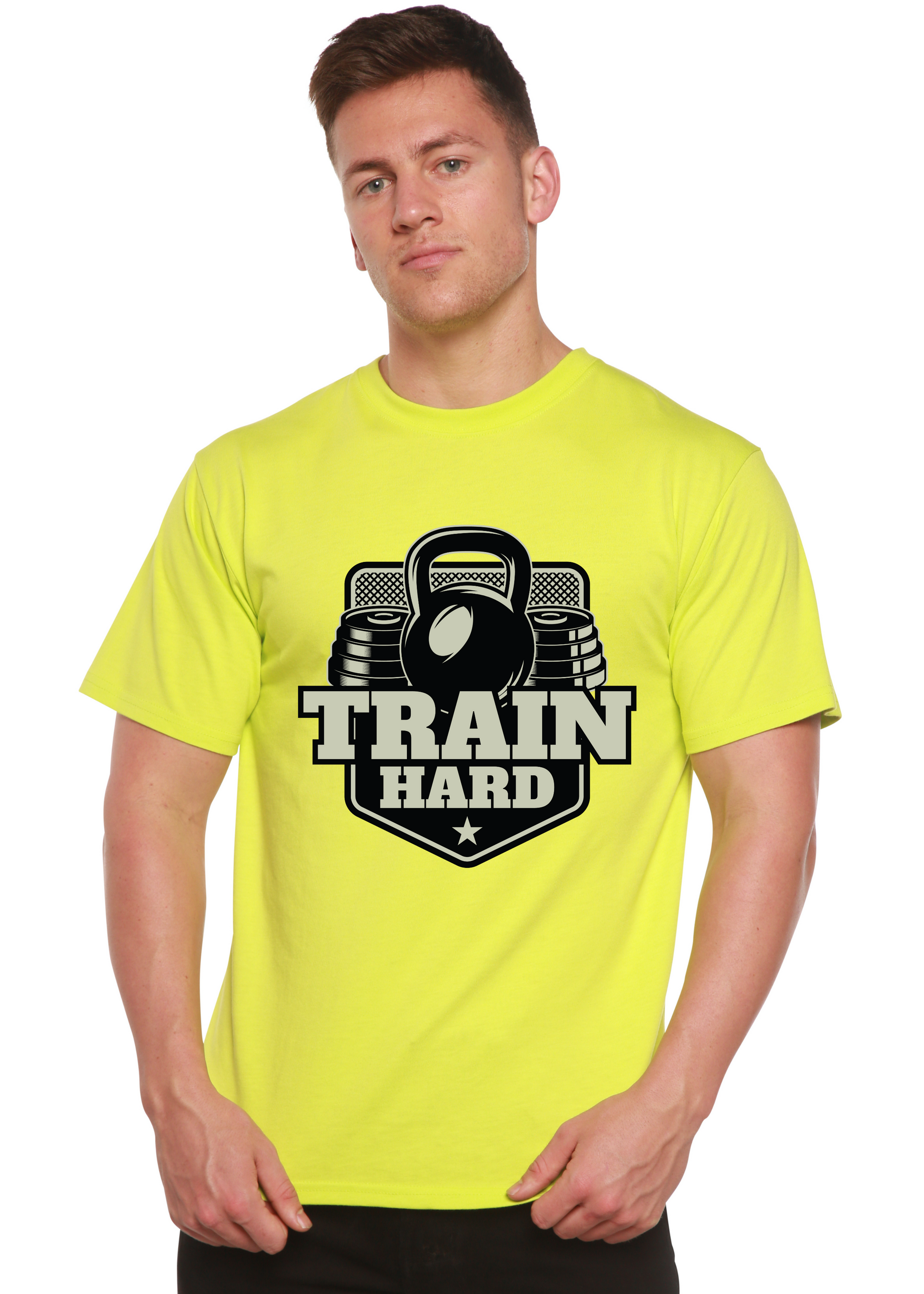 Train Hard neon yellow bamboo viscose/organic cotton short sleeve T-shirt with kettlebell on Tampa Home & Garden Store