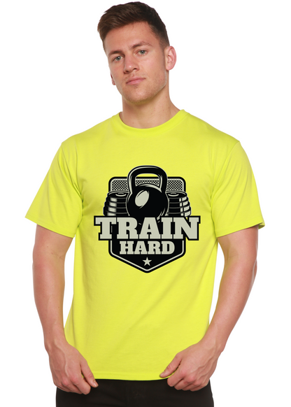 Train Hard neon yellow bamboo viscose/organic cotton short sleeve T-shirt with kettlebell on Tampa Home & Garden Store