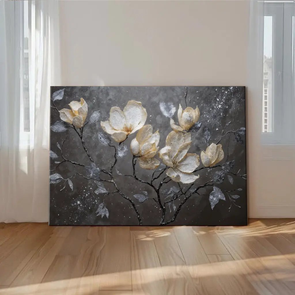 Midnight Magnolias canvas wall art with cream-gold magnolia blooms on a dark gray background on Tampa Home & Garden Store