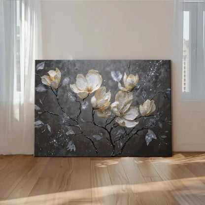 Midnight Magnolias canvas wall art with cream-gold magnolia blooms on a dark gray background on Tampa Home & Garden Store
