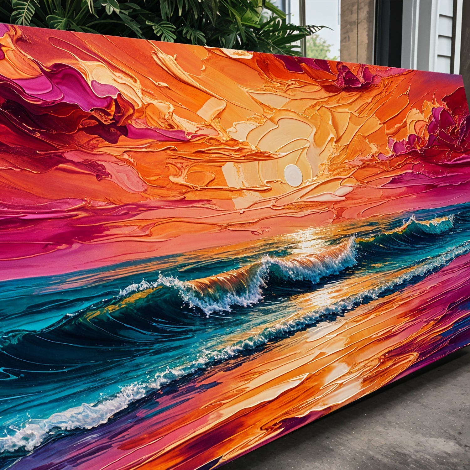 Coastal Sunset Wall Art Canvas by Tailored Canvases with orange-pink sunset and ocean waves on Tampa Home & Garden Store