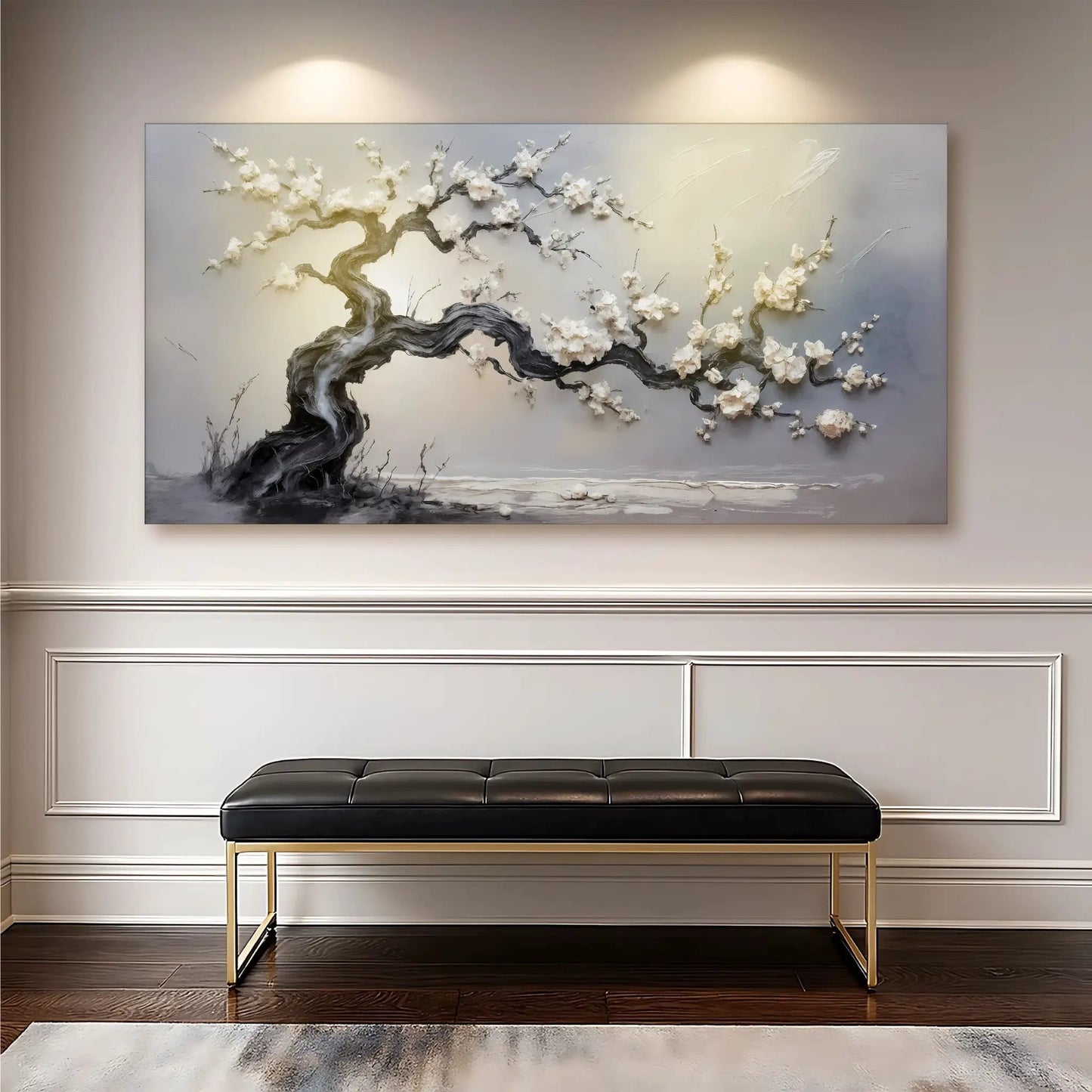 White Blossom Wall Art canvas by Tailored Canvases with white blossoms on a pale gradient on Tampa Home & Garden Store