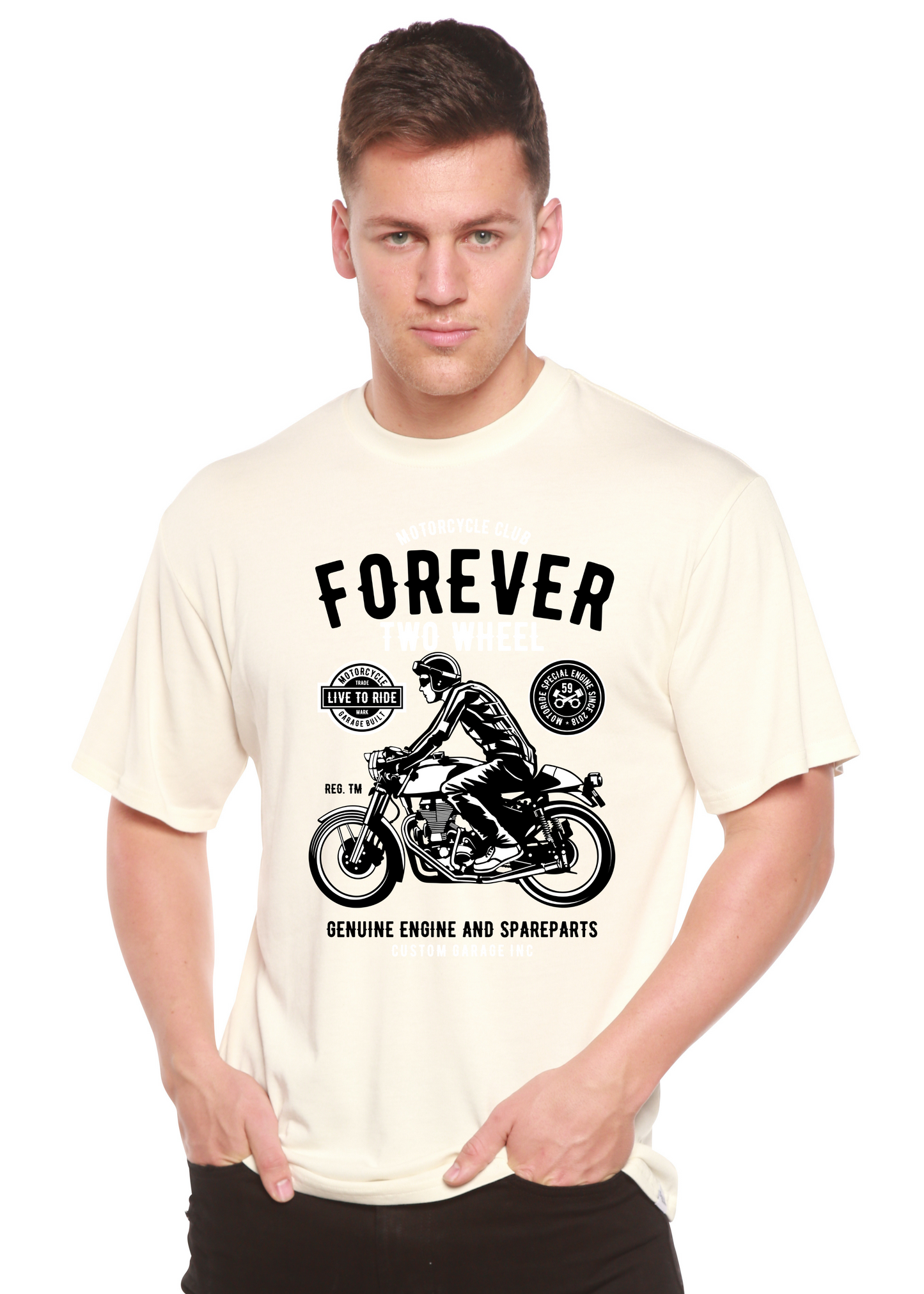 Forever Two Wheel graphic tee cream bamboo viscose/organic cotton motorcycle art on Tampa Home & Garden Store