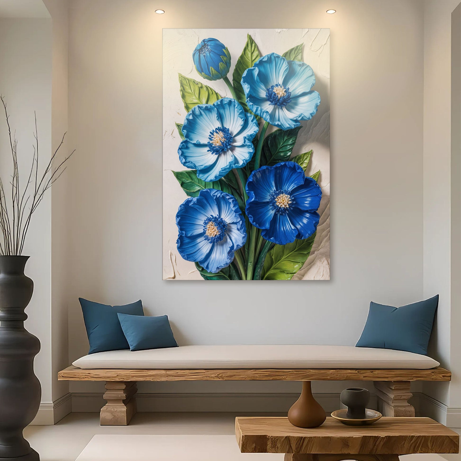 Blue Blossom Bouquet canvas wall art; blue flowers with green leaves on a light background on Tampa Home & Garden Store