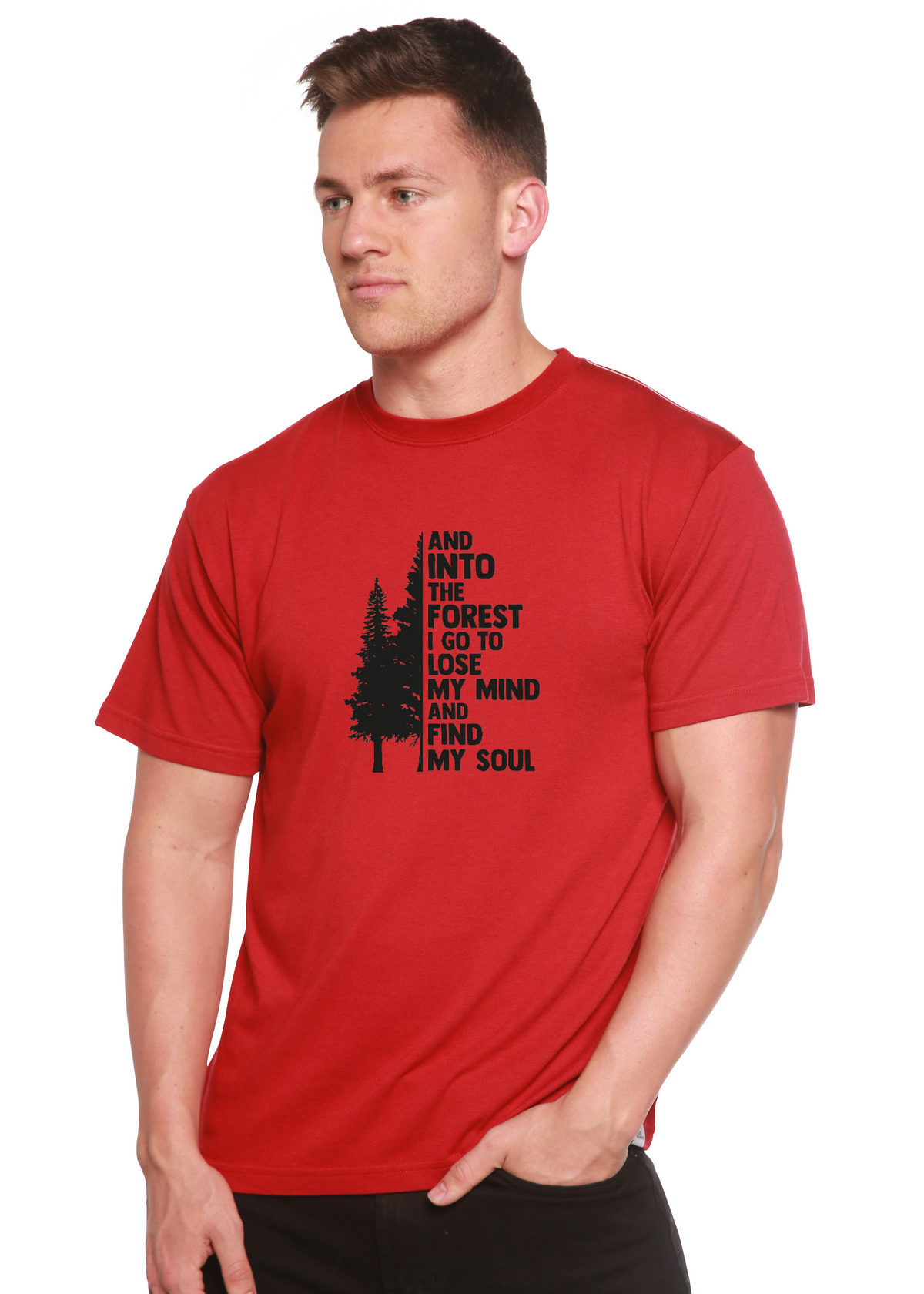 And Into The Forest I Go men's bamboo tee red with black tree graphic by Spun Bamboo on Tampa Home & Garden Store