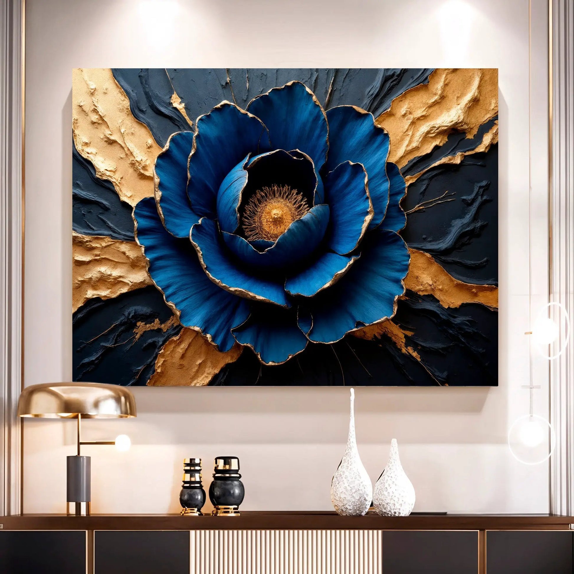Sapphire Bloom Wall Art canvas by Tailored Canvases; deep blue flower with gold leaf edges on Tampa Home & Garden Store