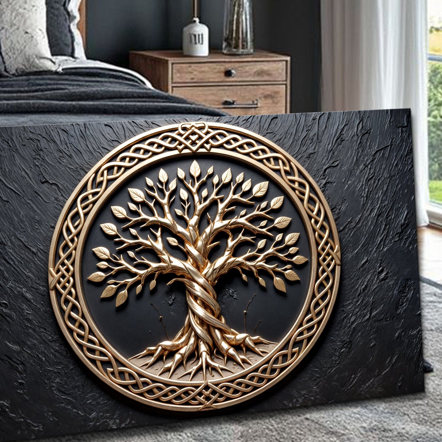 3D Celtic Tree of Life Wall Art by Tailored Canvases with a gold tree on black canvas on Tampa Home & Garden Store