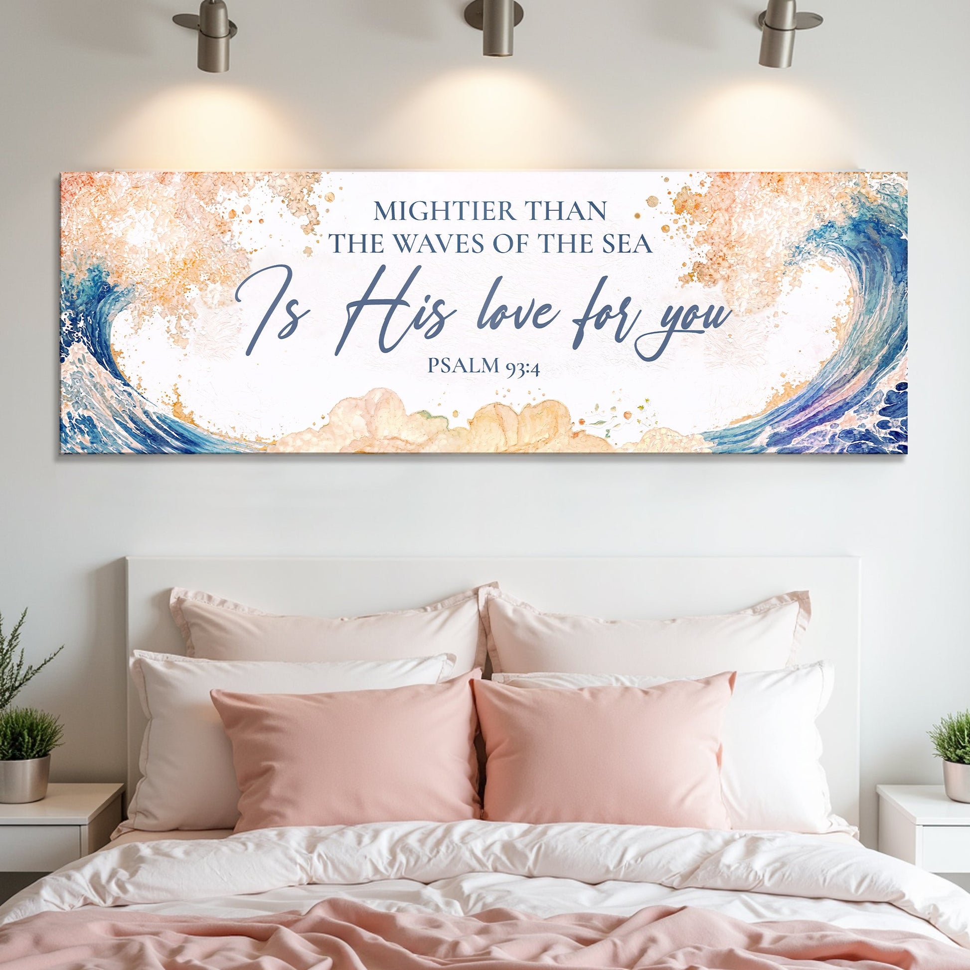 Canvas wall art by Tailored Canvases: Mightier Than the Waves Psalm 93:4 with blue waves on Tampa Home & Garden Store