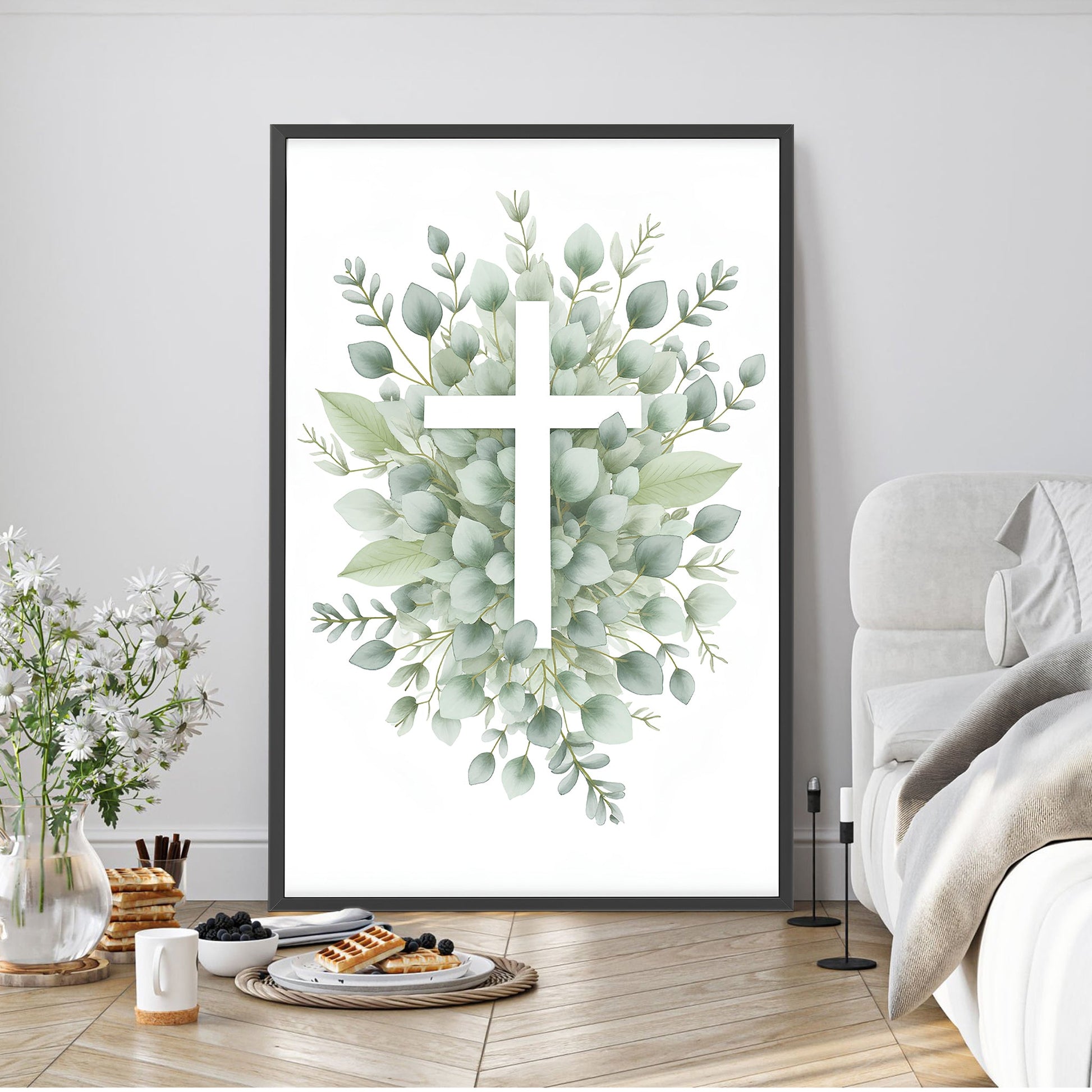 Minimalist Cross Faith Wall Art Canvas with green eucalyptus and white cross in black frame on Tampa Home & Garden Store