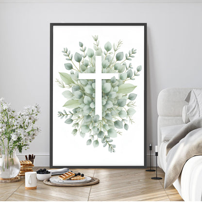 Minimalist Cross Faith Wall Art Canvas with green eucalyptus and white cross in black frame on Tampa Home & Garden Store
