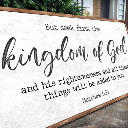 Canvas Tailored Canvases Matthew 6:33 But Seek the Kingdom of God with black script on white on Tampa Home & Garden Store