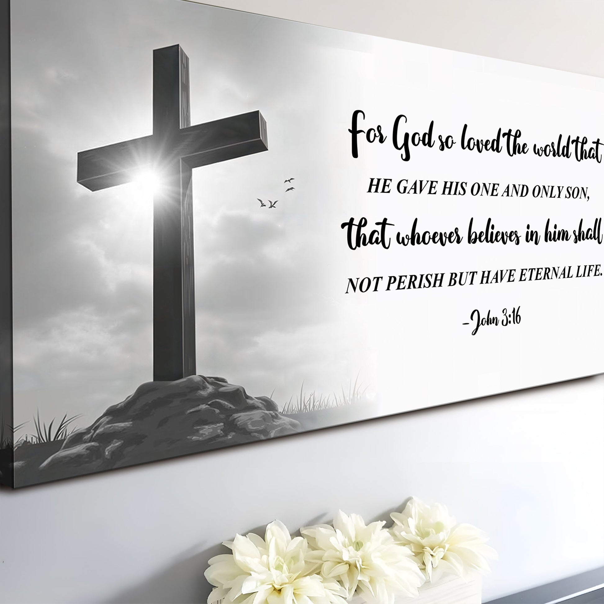 Tailored Canvases John 3:16 Faith Sign VI crafting canvas with grayscale cross and verse text on Tampa Home & Garden Store