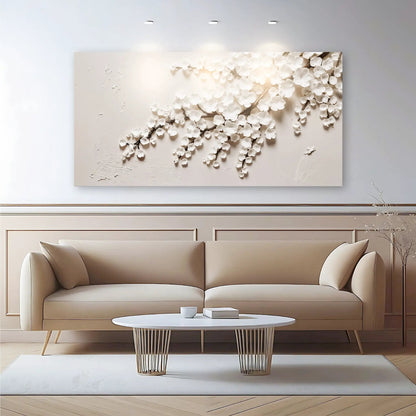White Cherry Blossom Wall Art canvas with blossoms and textured branch in living room on Tampa Home & Garden Store