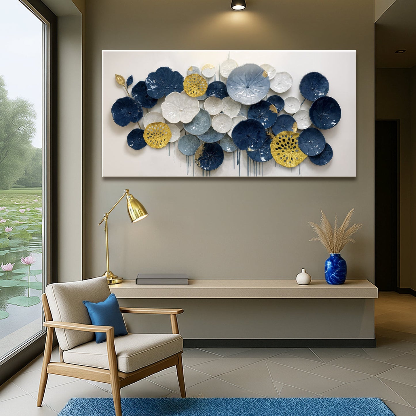 Lotus Leaf Abstract Wall Art VII canvas Tailored Canvases blue white gold lotus discs on Tampa Home & Garden Store