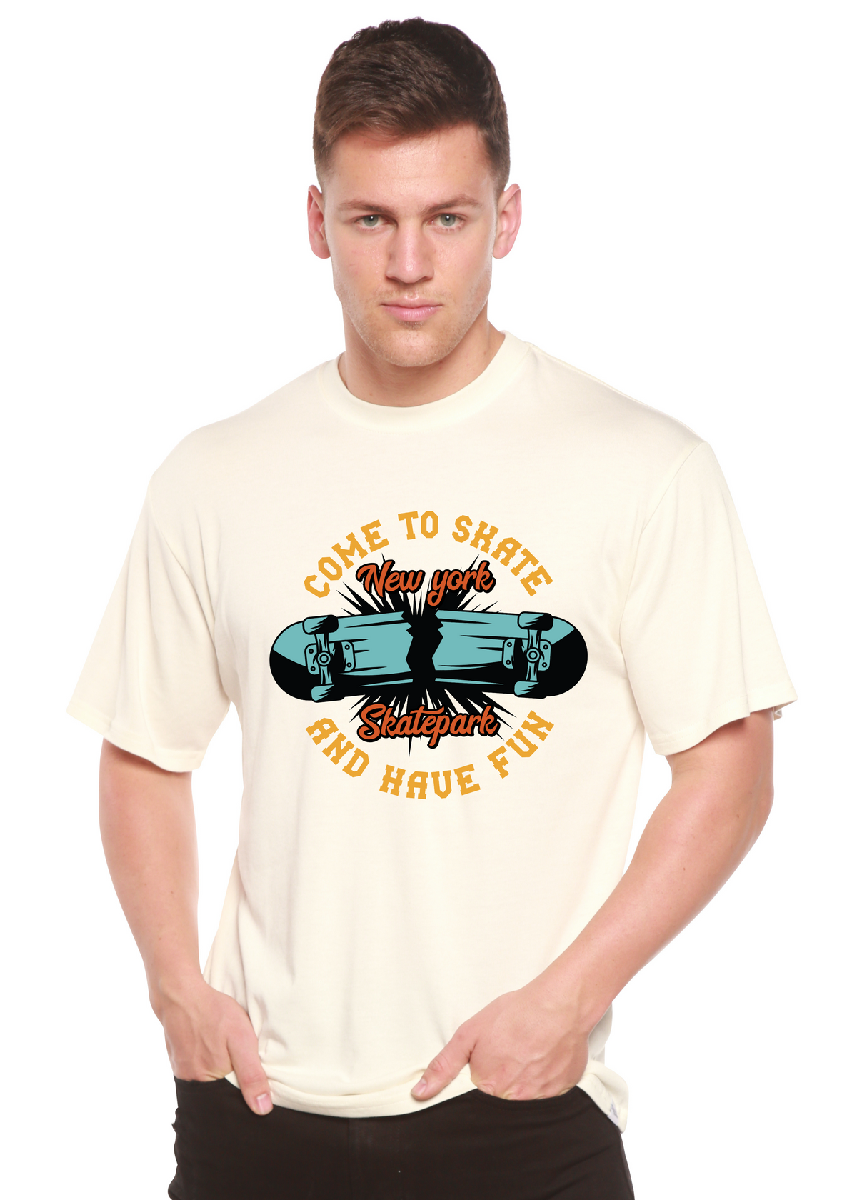 New York Skatepark men's bamboo viscose/organic cotton cream T-shirt skateboard print Spun Bamboo on Tampa Home & Garden Store