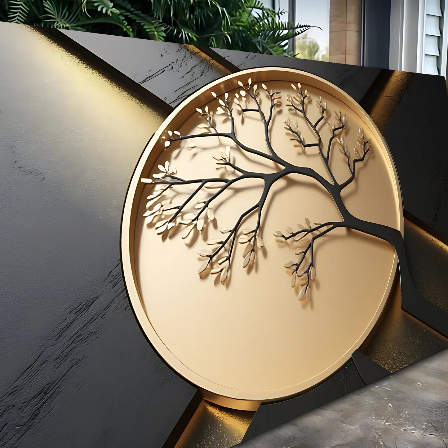 3D Celtic Tree of Life Wall Art VI canvas by Tailored Canvases, gold disc with black branches on beige on Tampa Home & Garden Store