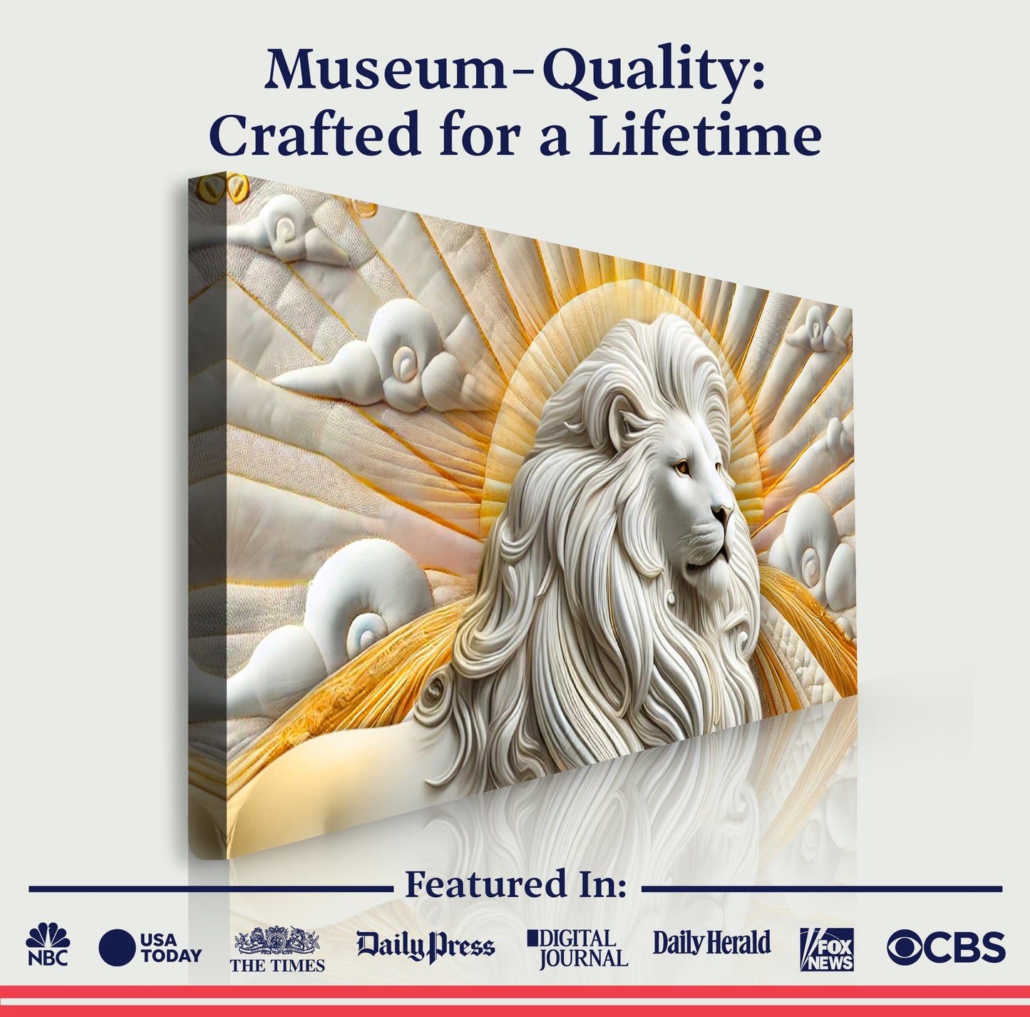 3D Majestic Lion Wall Art III canvas by Tailored Canvases, white lion relief with gold accents canvas on Tampa Home & Garden Store