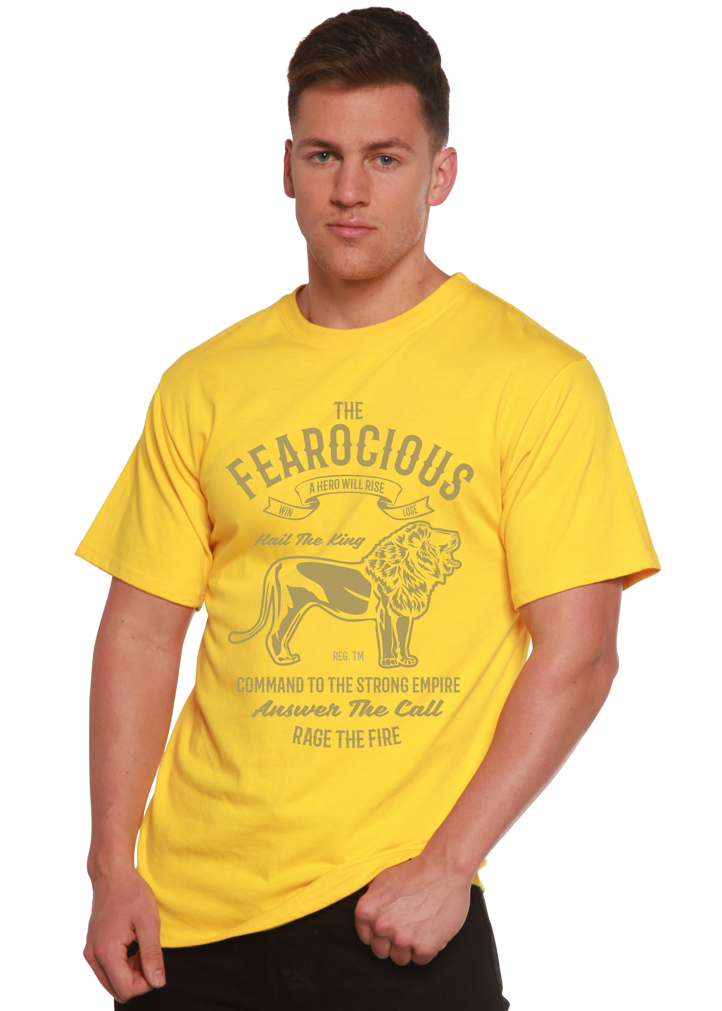 The Fearocious Spun Bamboo men's graphic T-shirt in yellow with lion print on Tampa Home & Garden Store