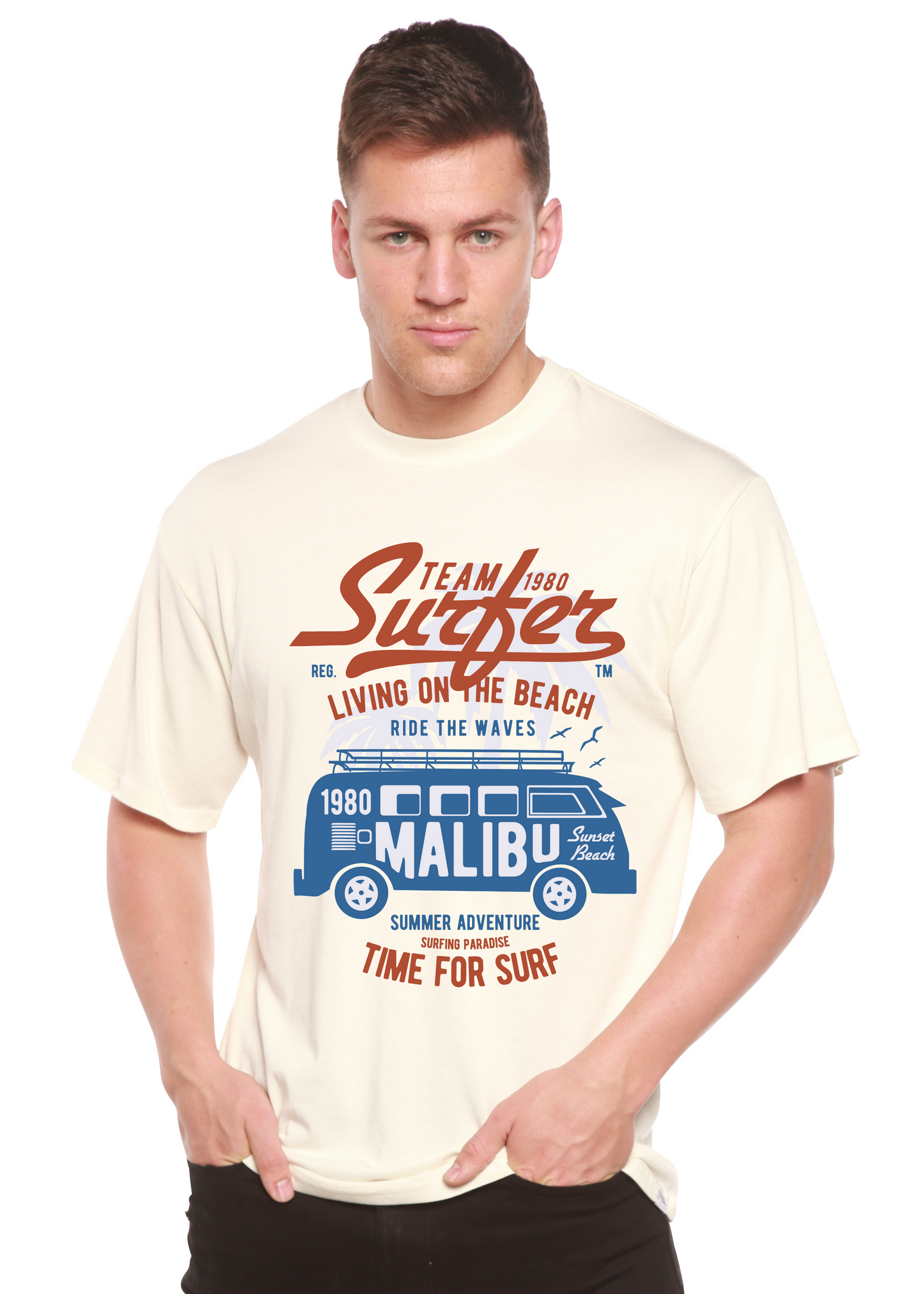 Team Surfer Spun Bamboo men's short sleeve graphic T-shirt cream with retro blue van print on Tampa Home & Garden Store