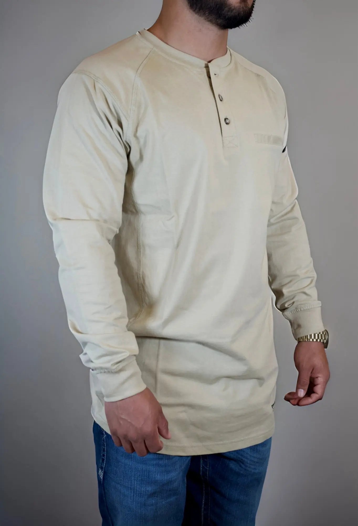 FR 3-Button Henley Shirt in tan by Static FR, long sleeve with 3-button placket and chest pocket on Tampa Home & Garden Store