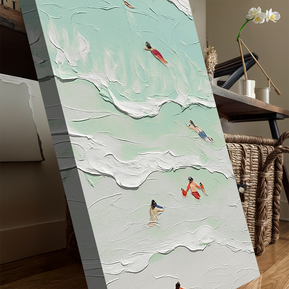 Beach Days Wall Art XXIII canvas featuring textured mint green waves and tiny colorful surfers on Tampa Home & Garden Store