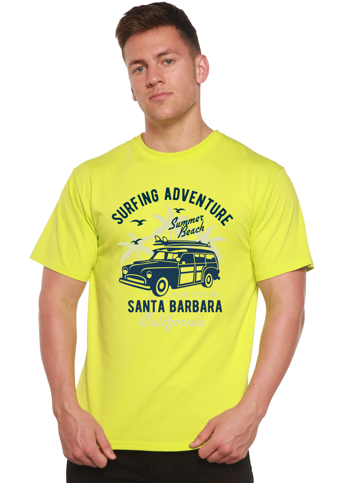 Surfing Adventure Spun Bamboo men's neon yellow short sleeve graphic tee with van print on Tampa Home & Garden Store