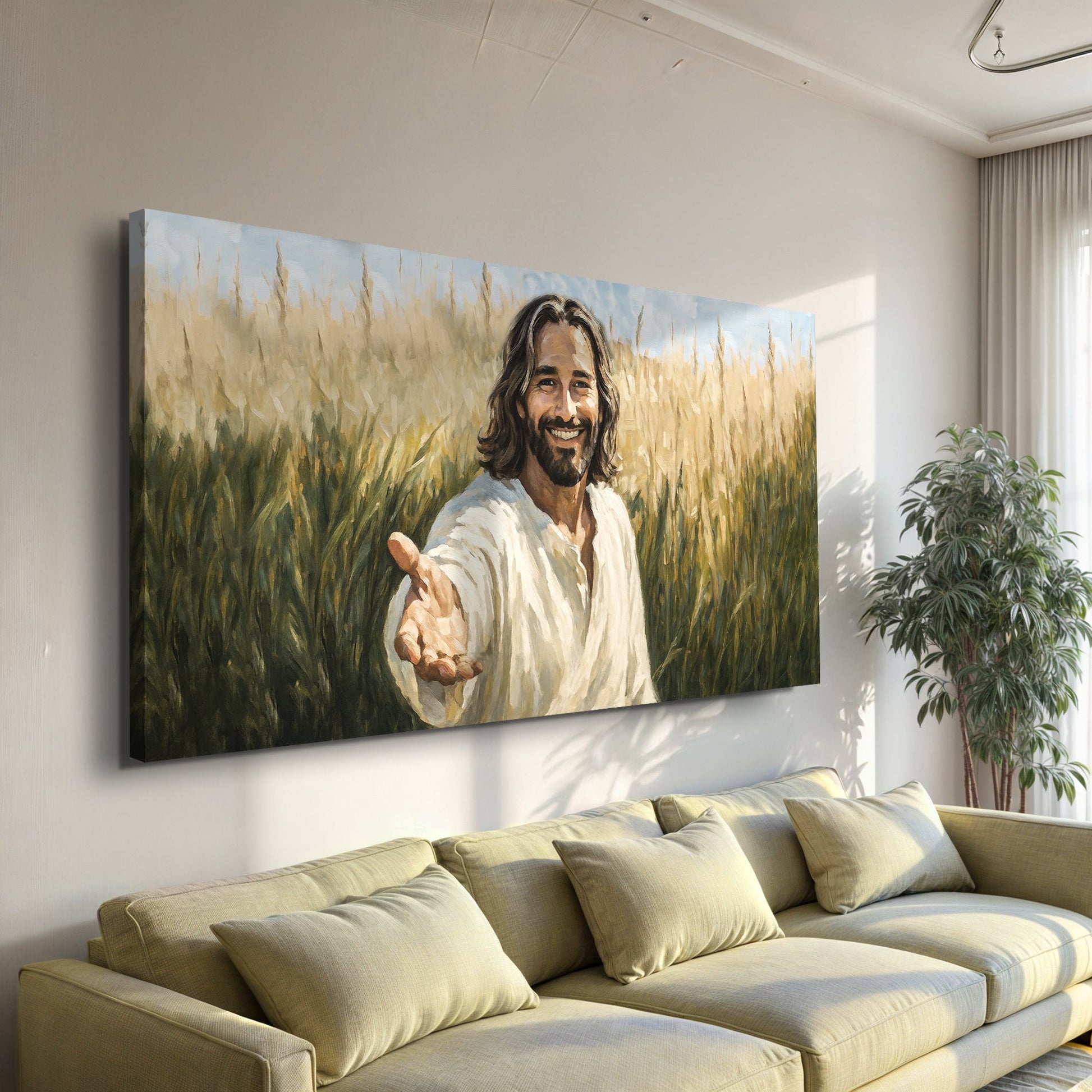 Savior's Invitation Faith Wall Art canvas by Tailored Canvases smiling man in white shirt on Tampa Home & Garden Store