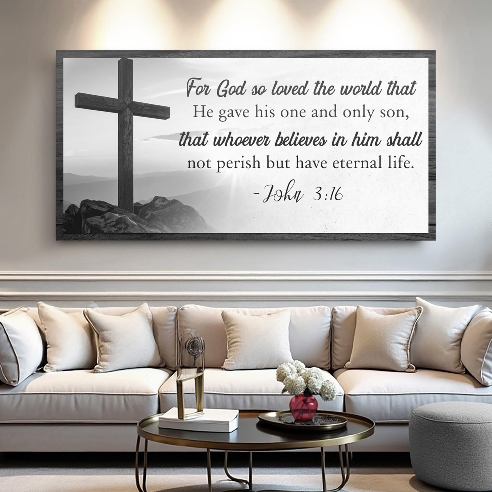 Canvas sign John 3:16 faith verse with wooden cross, grayscale scene, Tailored Canvases on Tampa Home & Garden Store