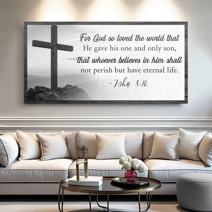 Canvas sign John 3:16 faith verse with wooden cross, grayscale scene, Tailored Canvases on Tampa Home & Garden Store