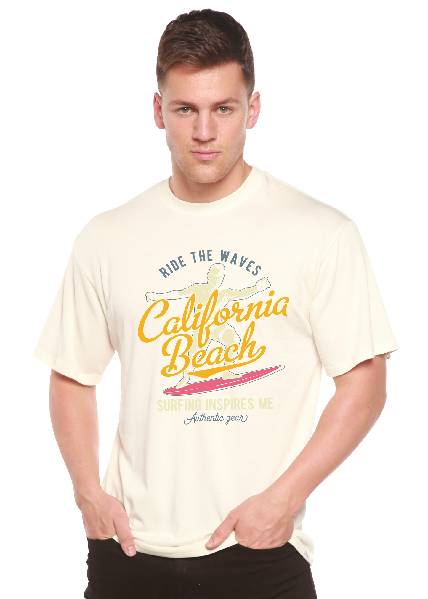 California Beach bamboo viscose graphic T shirt cream with orange surf motif by Spun Bamboo on Tampa Home & Garden Store